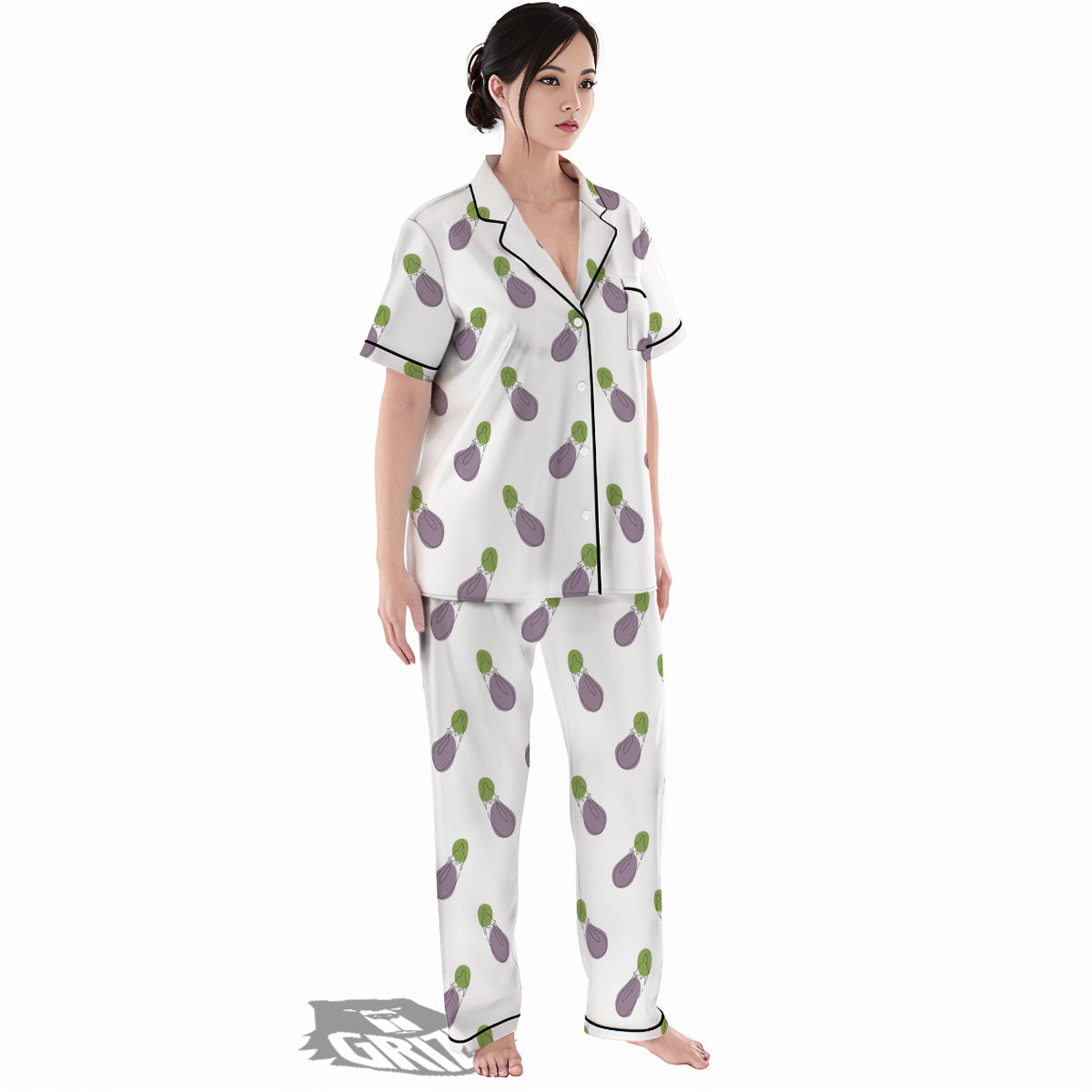 Drawing White Eggplant Print Pattern Women's Pajamas Set-grizzshop