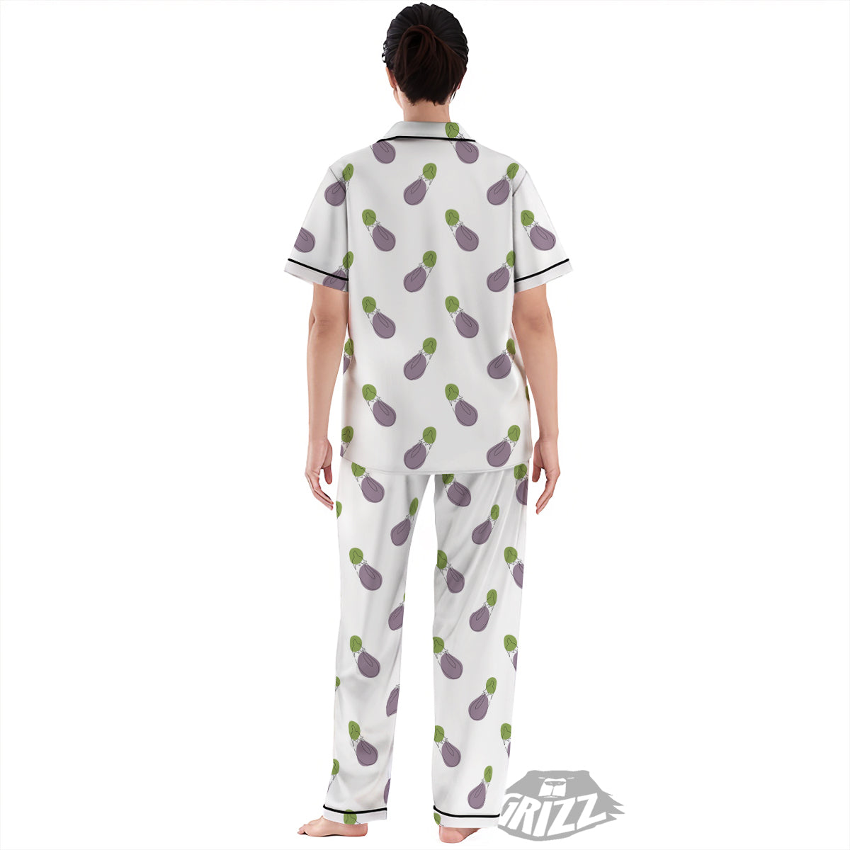Drawing White Eggplant Print Pattern Women's Pajamas Set-grizzshop