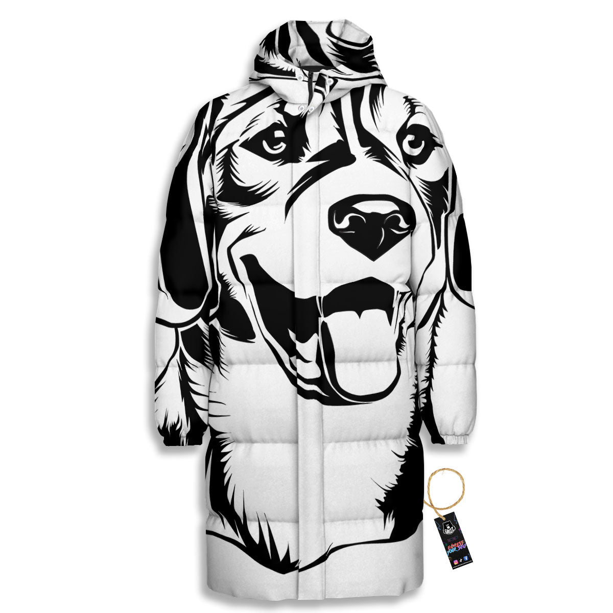 Drawing Beagle White And Black Print Long Down Jacket