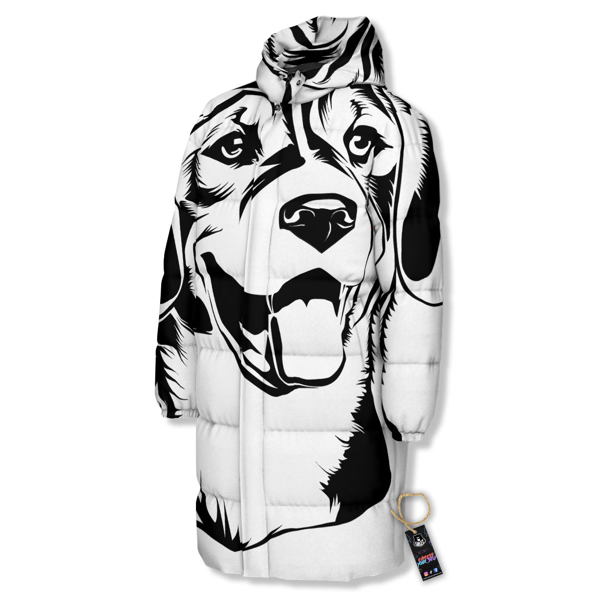 Drawing Beagle White And Black Print Long Down Jacket