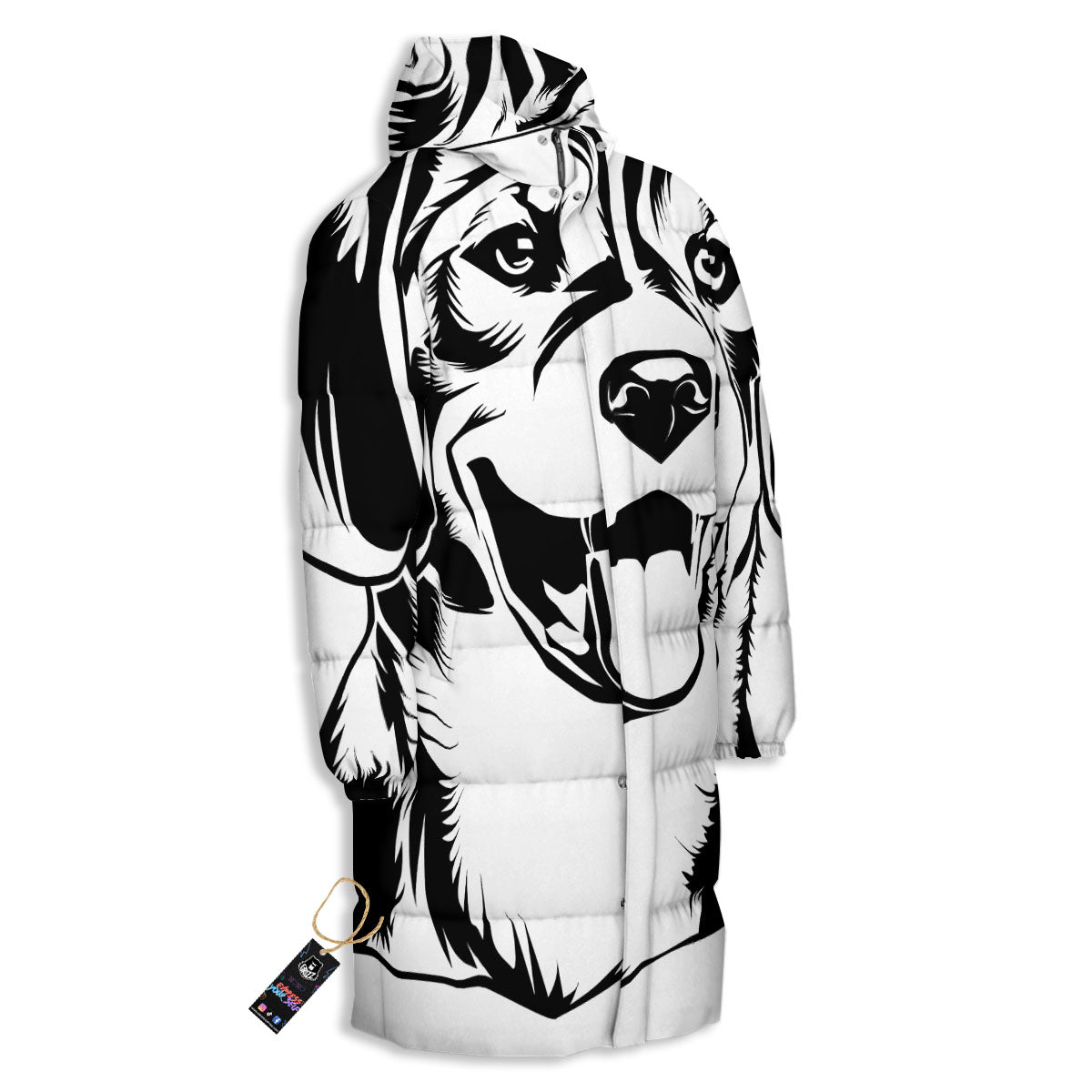 Drawing Beagle White And Black Print Long Down Jacket