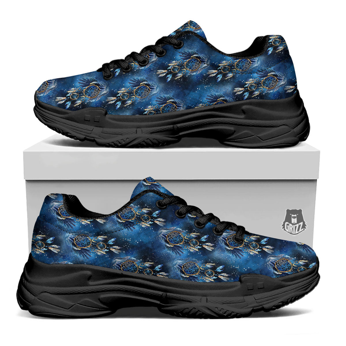 Dream Catcher Blue Galaxy Print Pattern Black Chunky Shoes-grizzshop