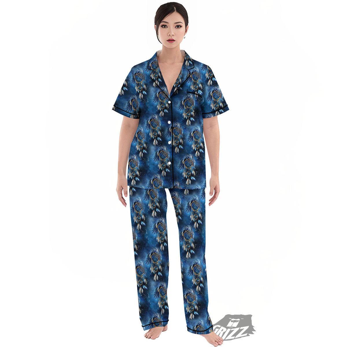 Dream Catcher Blue Galaxy Print Pattern Women's Pajamas Set-grizzshop