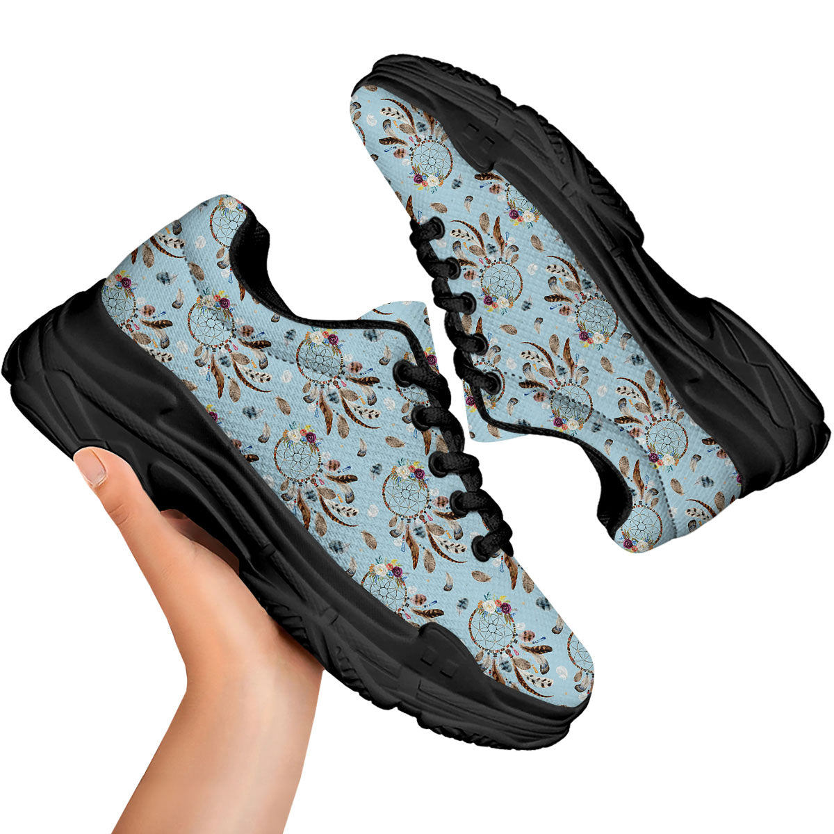 Dream Catcher Blue Indian Print Pattern Black Chunky Shoes-grizzshop