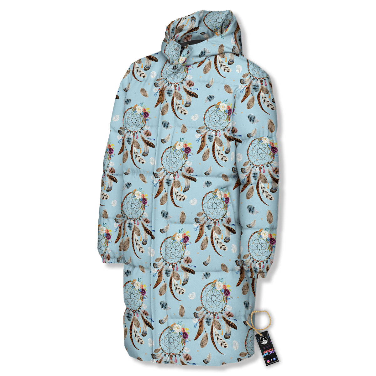 Dream Catcher Blue Indian Print Pattern Long Down Jacket-grizzshop