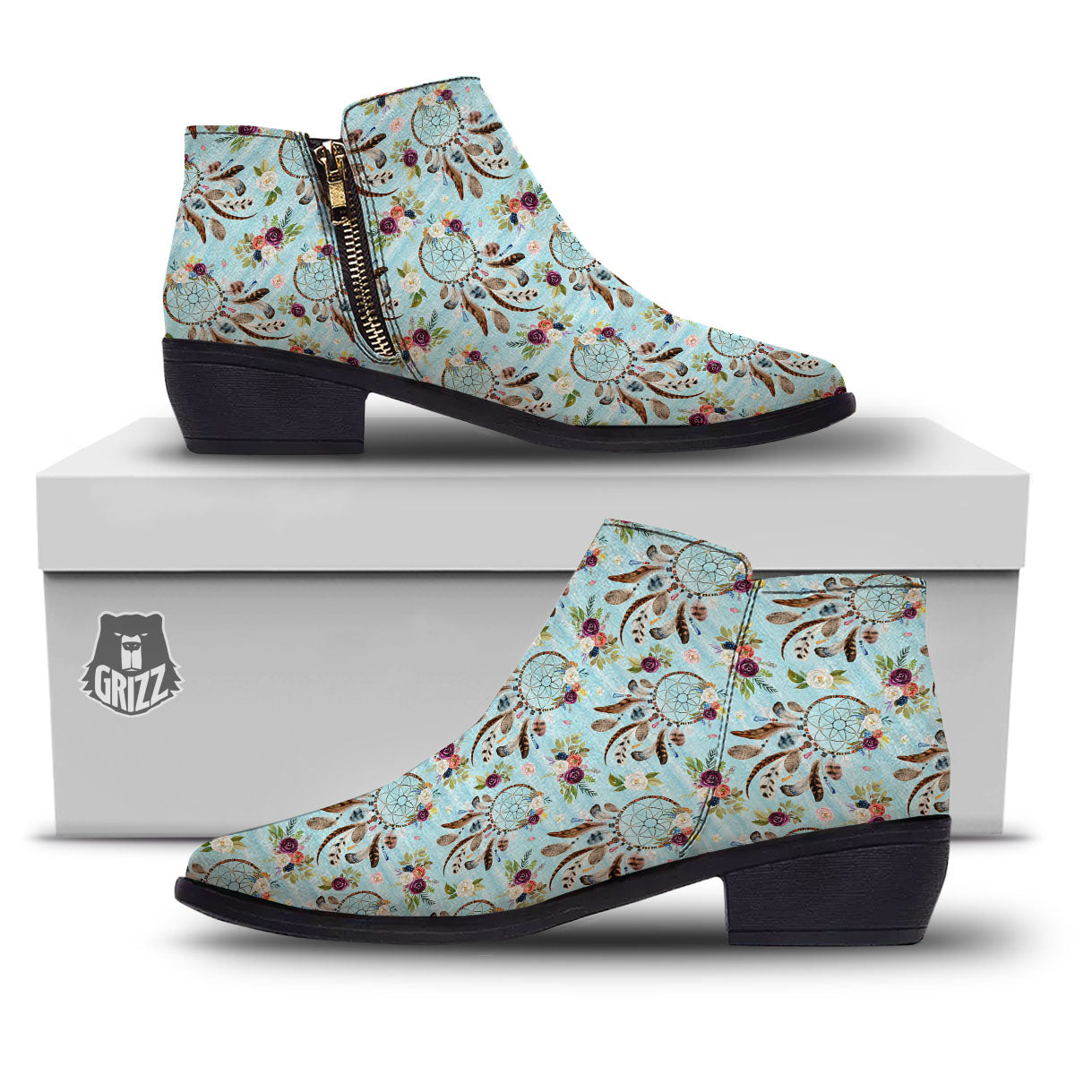Dream Catcher Blue Native Print Pattern Ankle Boots-grizzshop