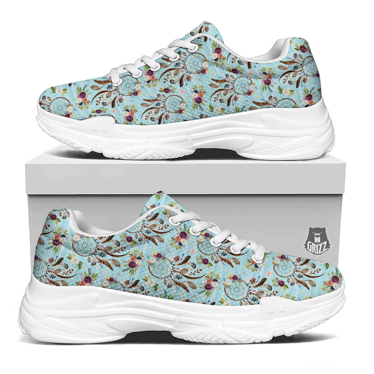 Dream Catcher Blue Native Print Pattern White Chunky Shoes-grizzshop