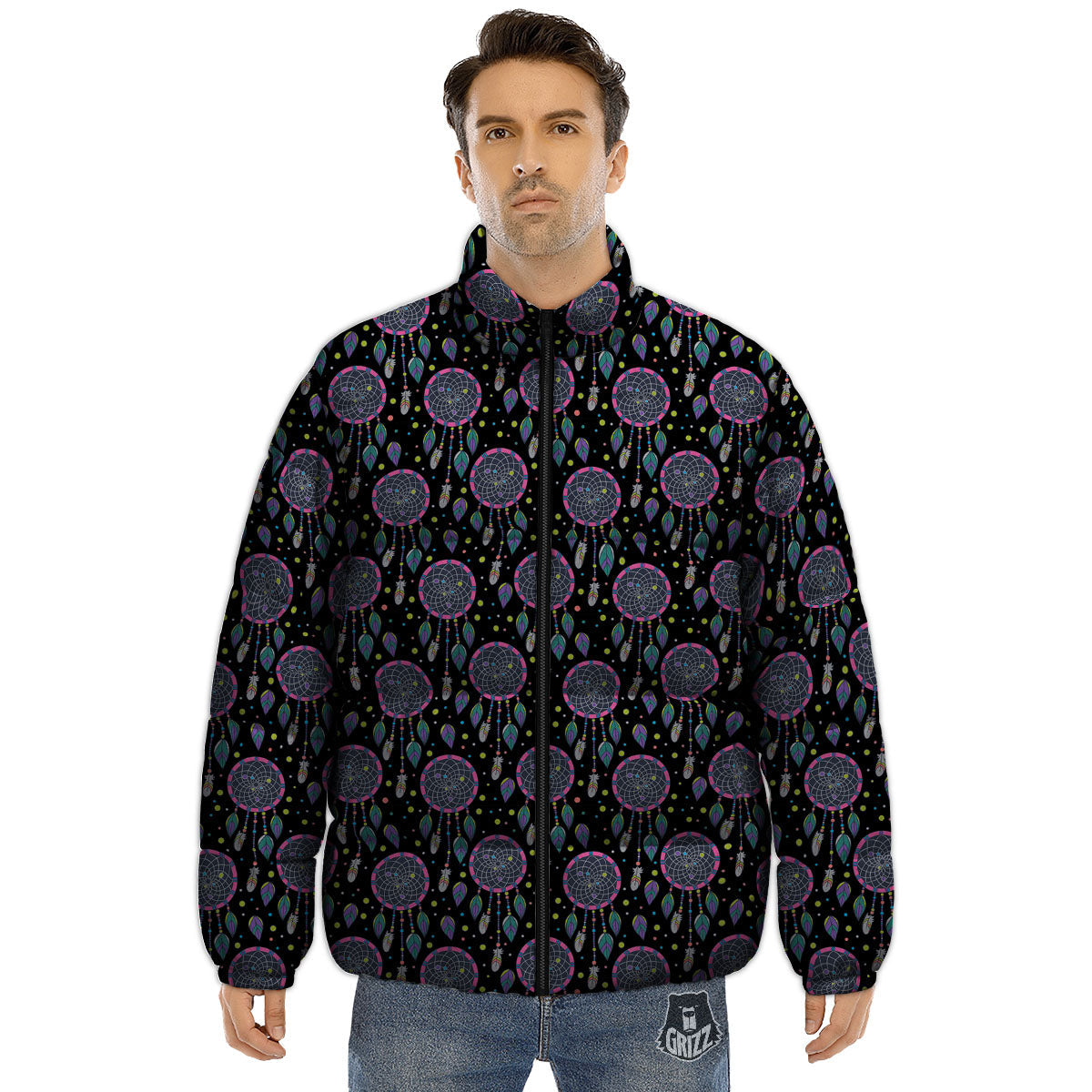 Dream Catcher Boho Print Pattern Puffer Jacket-grizzshop