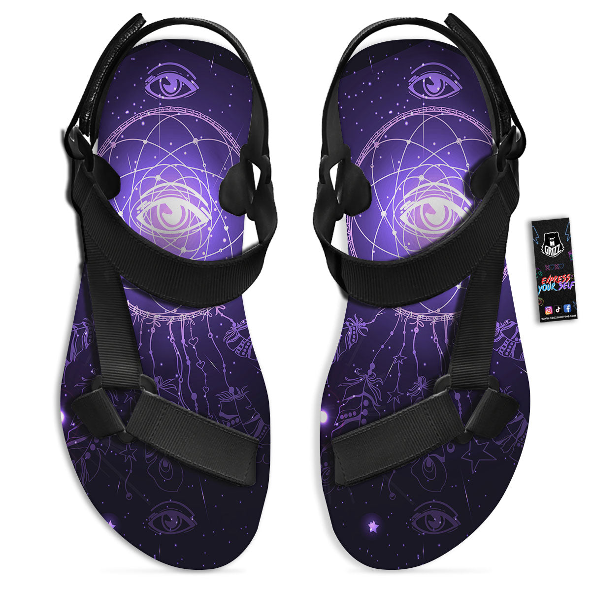 Dream Catcher Constellation Native Print Black Open Toe Sandals-grizzshop