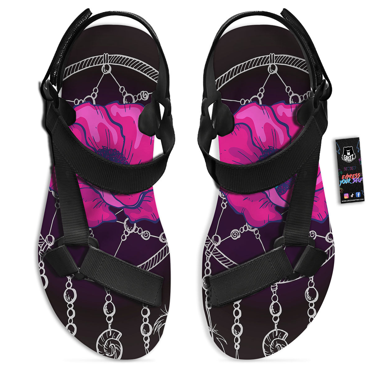 Dream Catcher Flower Bohemian Print Black Open Toe Sandals-grizzshop
