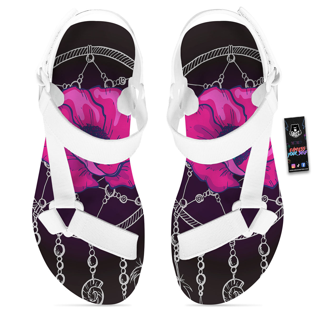 Dream Catcher Flower Bohemian Print White Open Toe Sandals-grizzshop