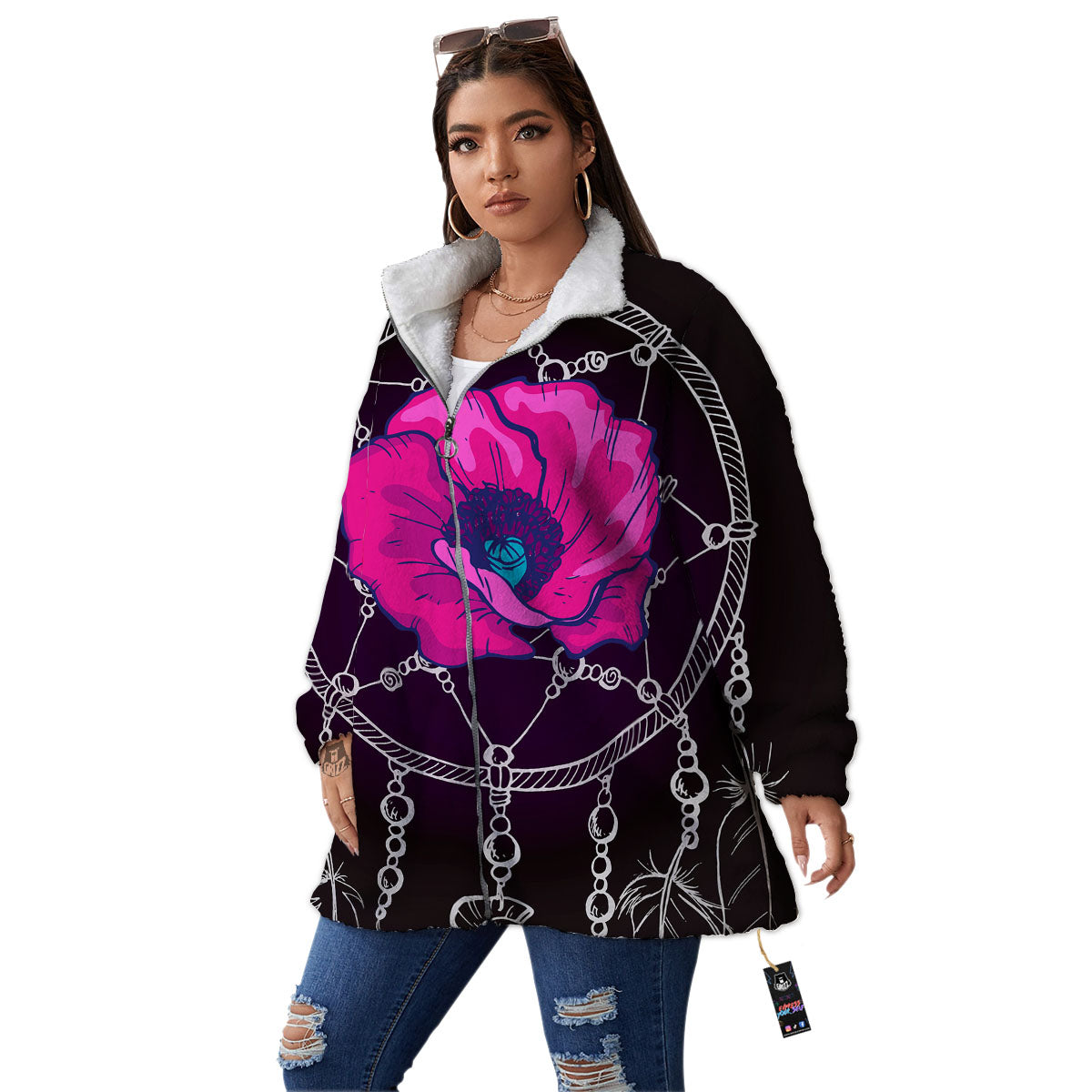 Dream Catcher Flower Bohemian Print Women's Sherpa Jacket-grizzshop