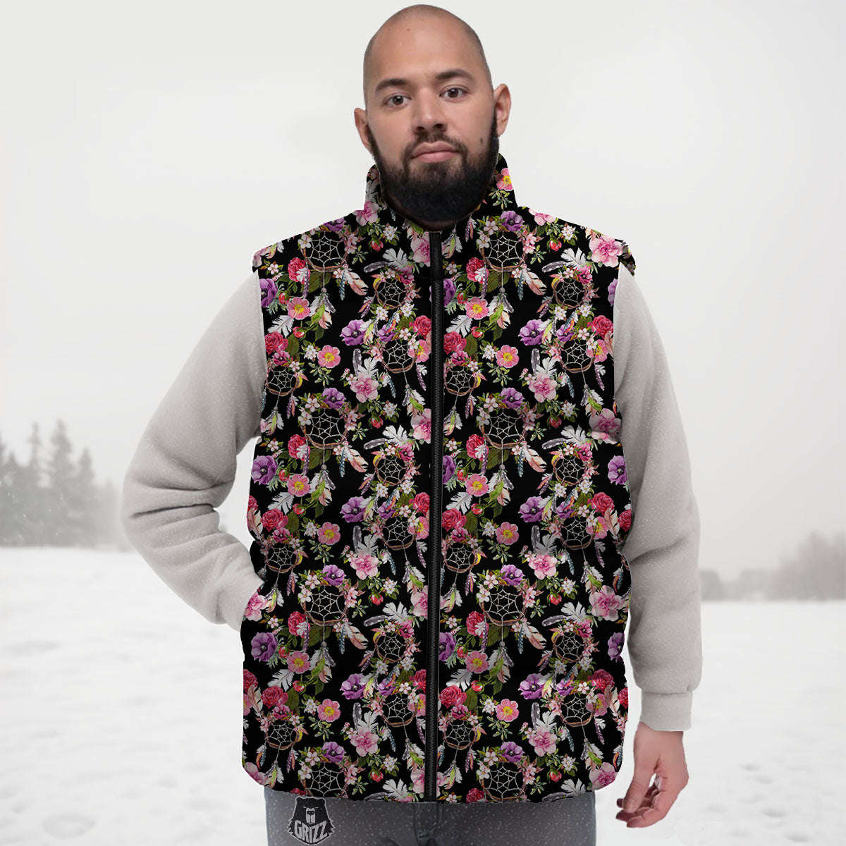 Dream Catcher Flower Print Pattern Down Vest-grizzshop