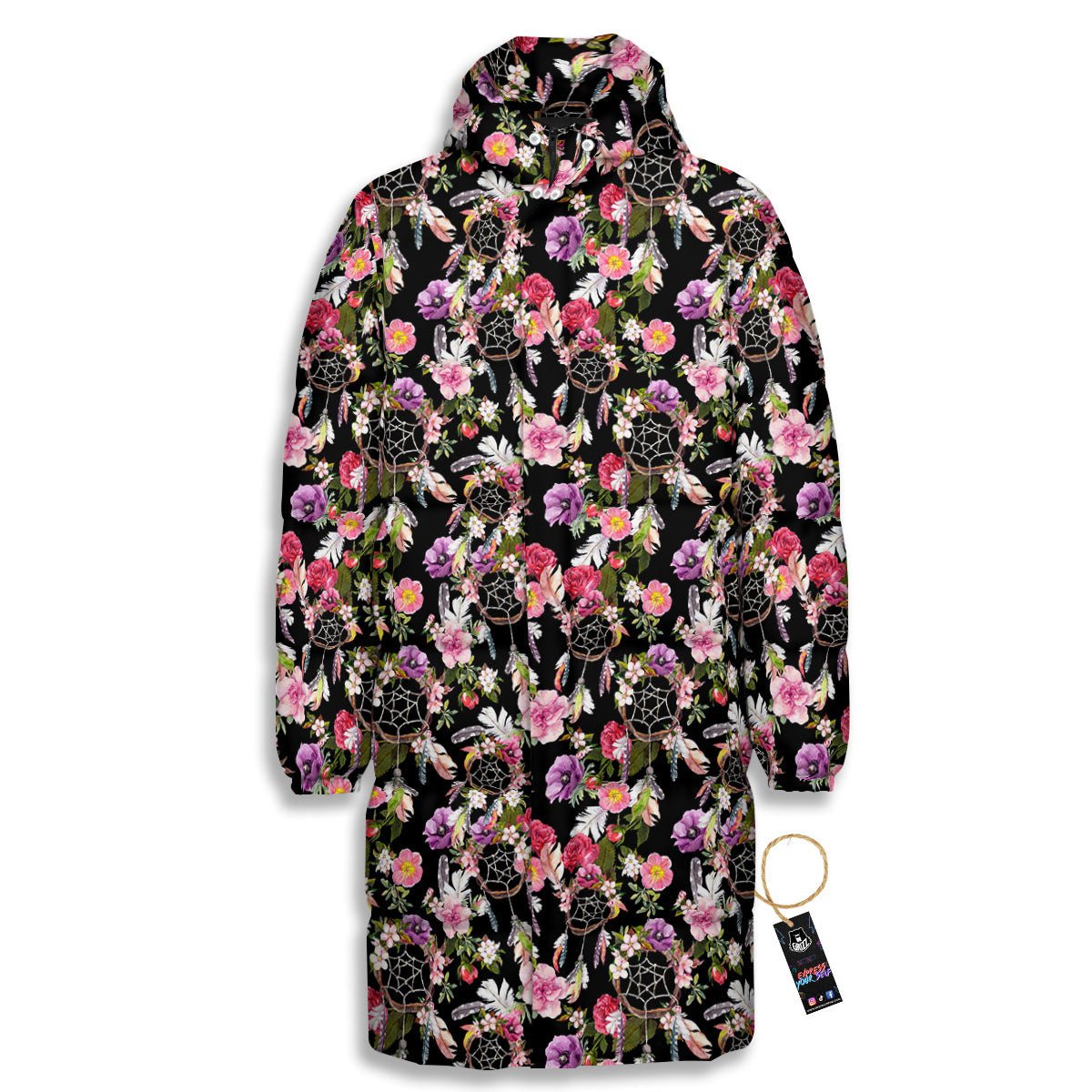 Dream Catcher Flower Print Pattern Long Down Jacket-grizzshop