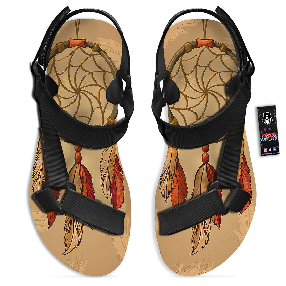 Dream Catcher Native American Print Black Open Toe Sandals-grizzshop