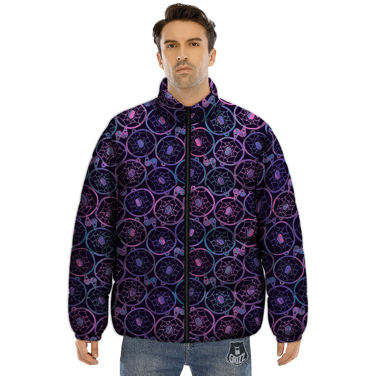 Dream Catcher Purple Boho Print Pattern Puffer Jacket-grizzshop