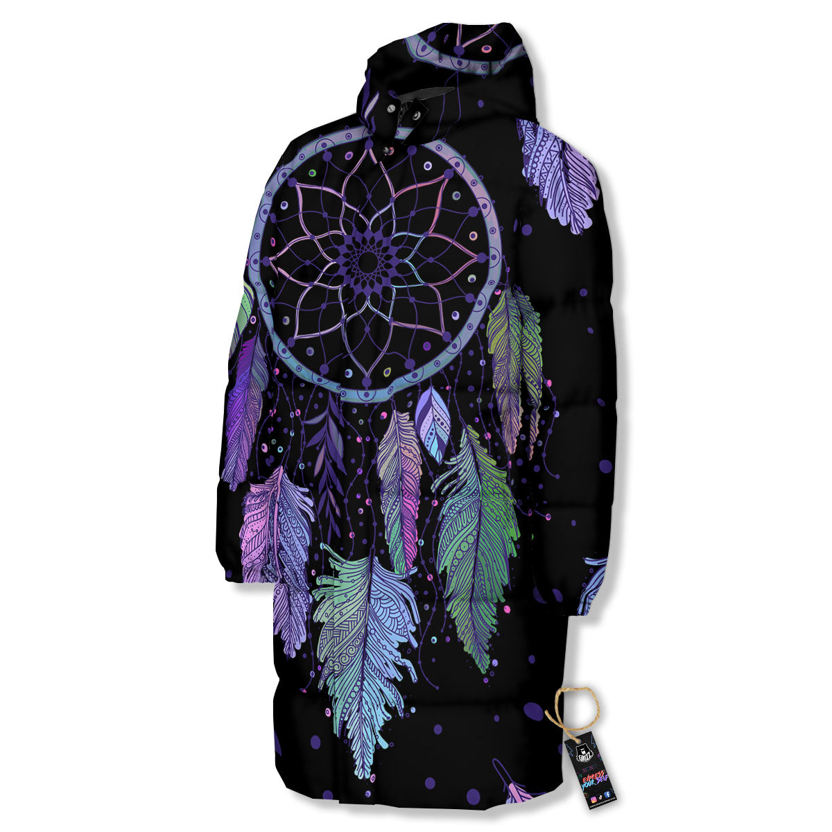 Dream Catcher Teal And Purple Print Long Down Jacket-grizzshop