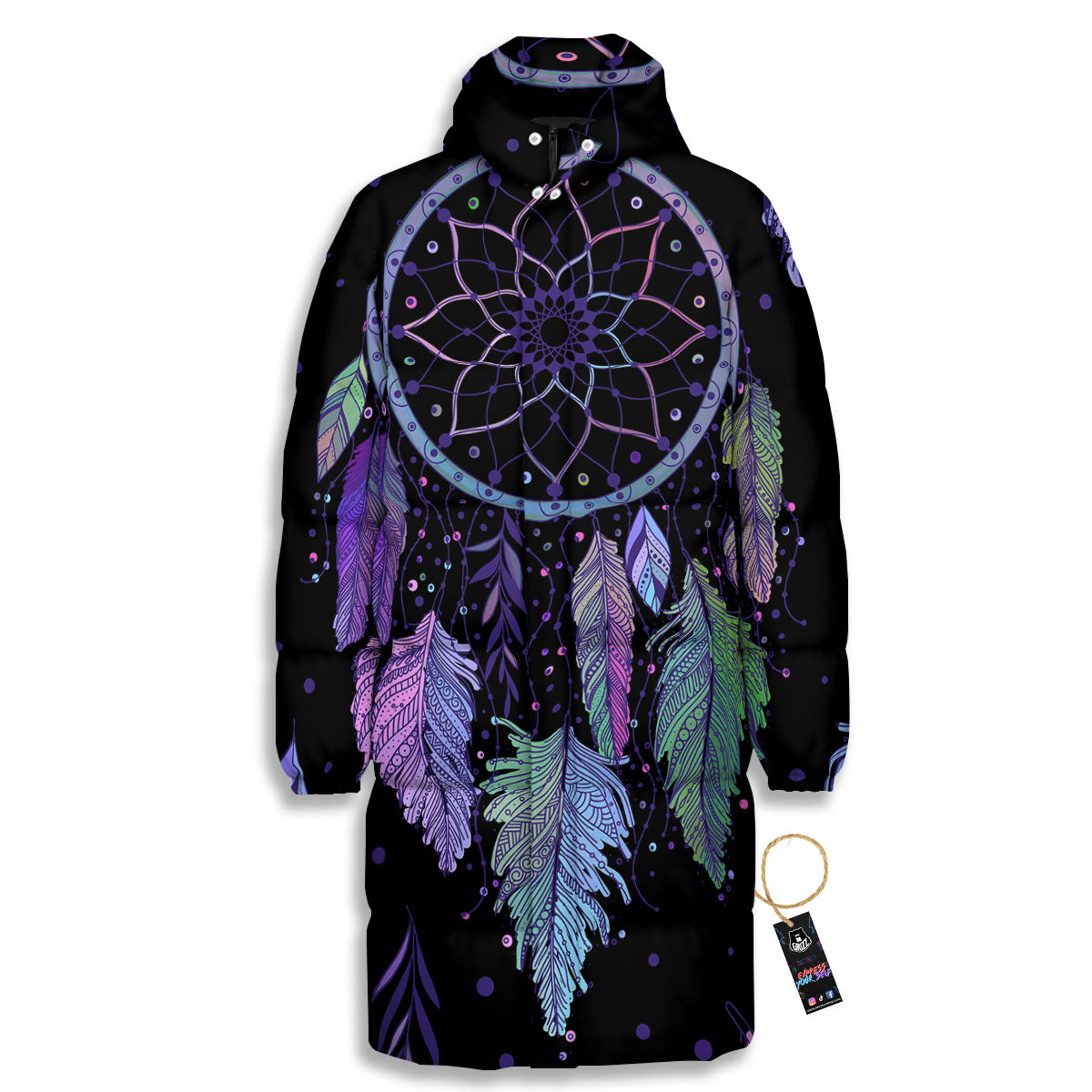 Dream Catcher Teal And Purple Print Long Down Jacket-grizzshop