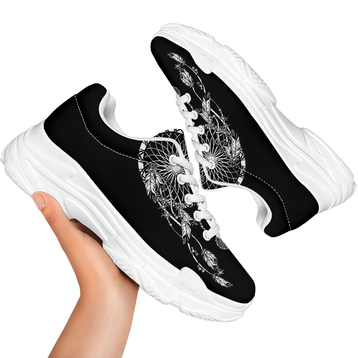 Dream Catcher White And Black Print White Chunky Shoes-grizzshop