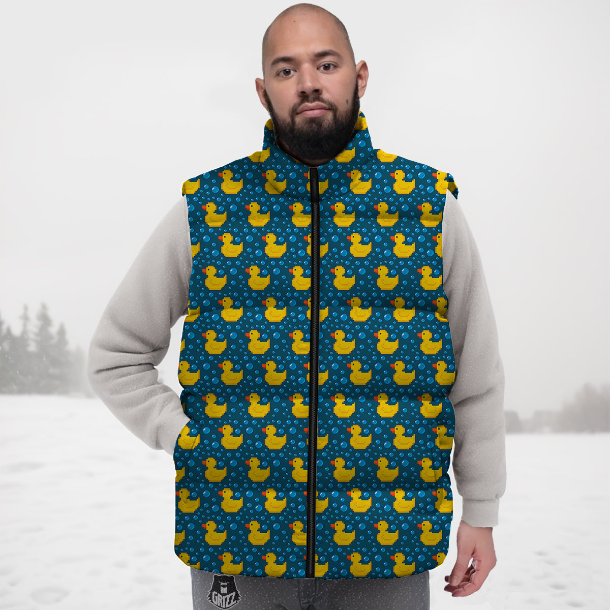Duck 8-Bit Rubber Print Pattern Down Vest-grizzshop
