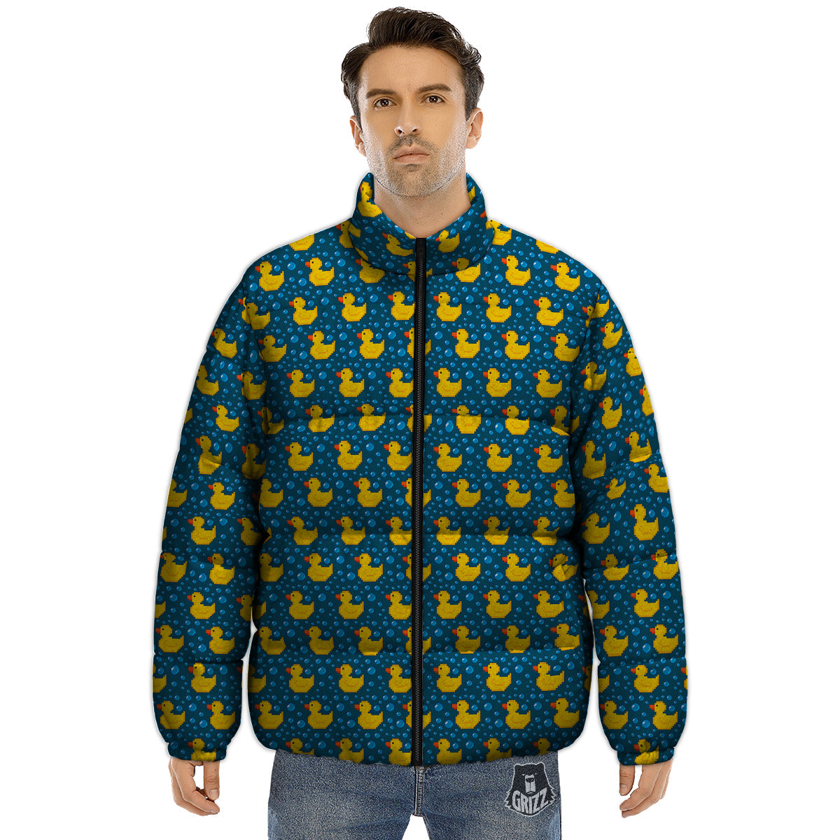 Duck 8-Bit Rubber Print Pattern Puffer Jacket-grizzshop