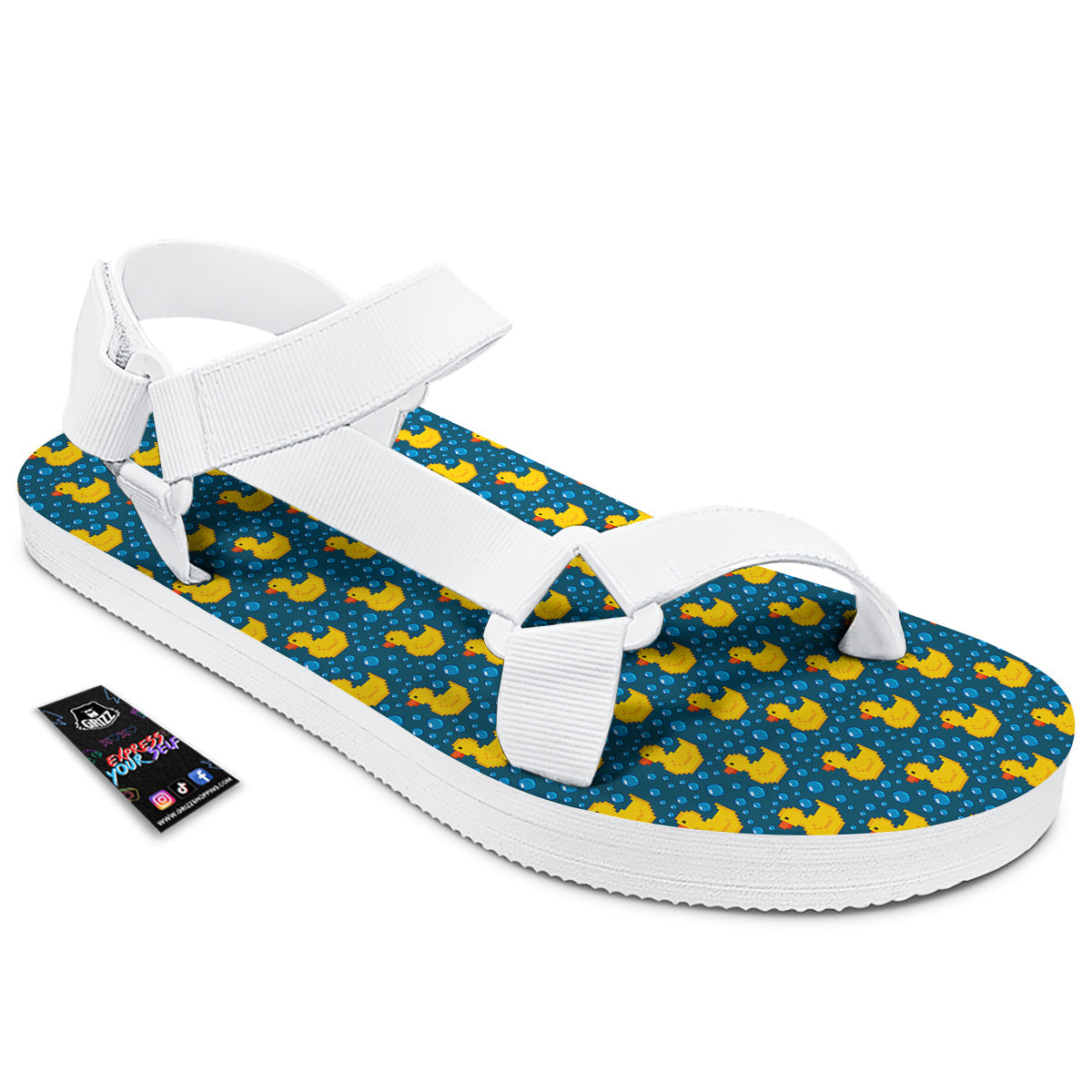Duck 8-Bit Rubber Print Pattern White Open Toe Sandals-grizzshop