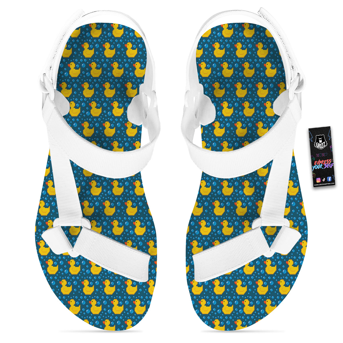 Duck 8-Bit Rubber Print Pattern White Open Toe Sandals-grizzshop
