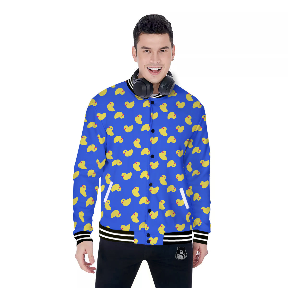 Duck Blue Yellow Print Pattern Baseball Jacket-grizzshop