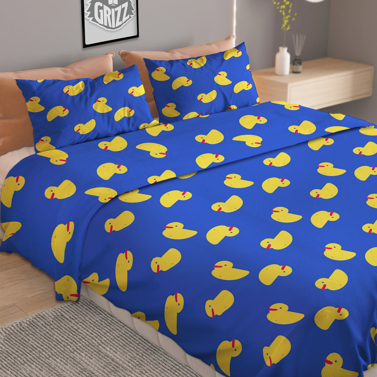 Duck Blue Yellow Print Pattern Duvet Cover Bedding Set