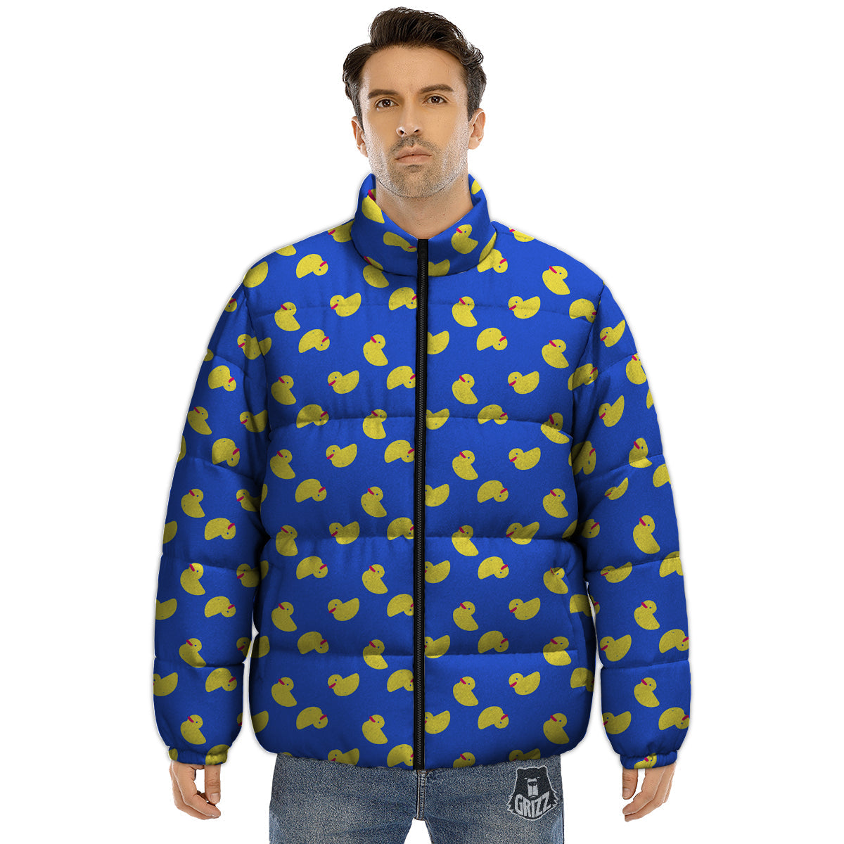 Duck Blue Yellow Print Pattern Puffer Jacket-grizzshop