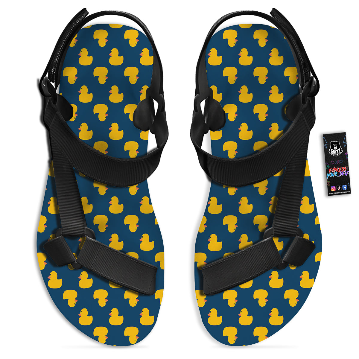 Ducks Rubber Yellow Print Pattern Black Open Toe Sandals-grizzshop