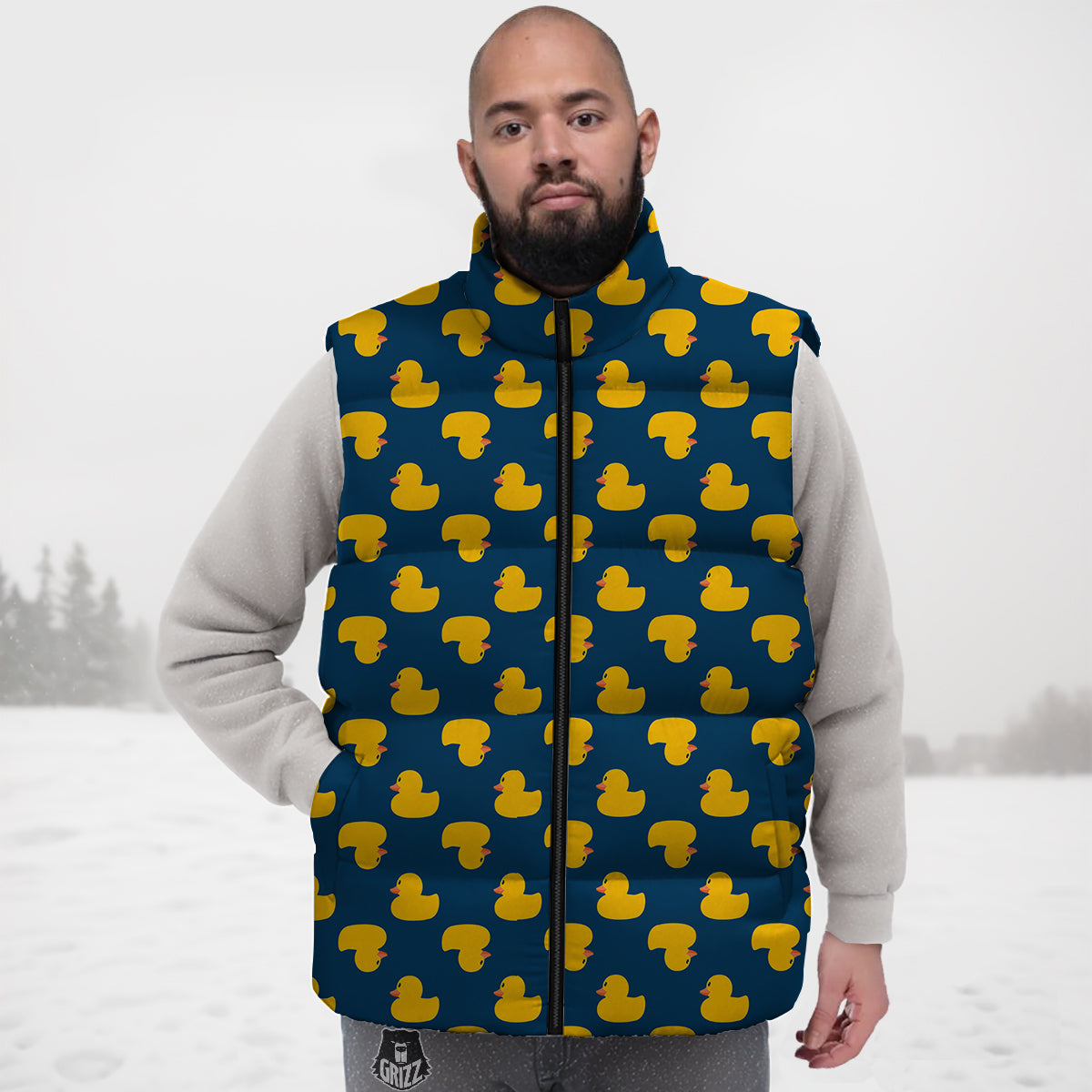 Ducks Rubber Yellow Print Pattern Down Vest-grizzshop