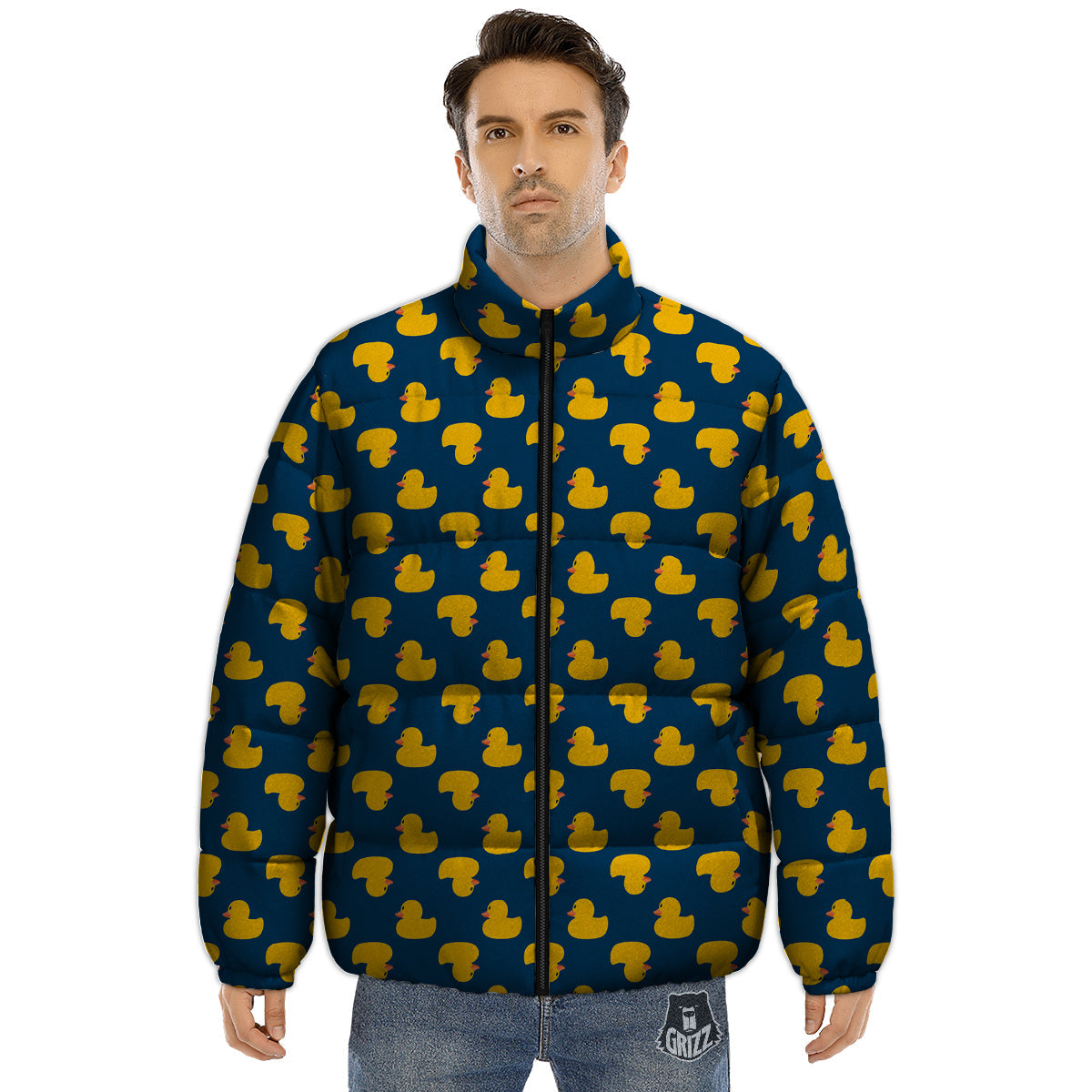 Ducks Rubber Yellow Print Pattern Puffer Jacket-grizzshop