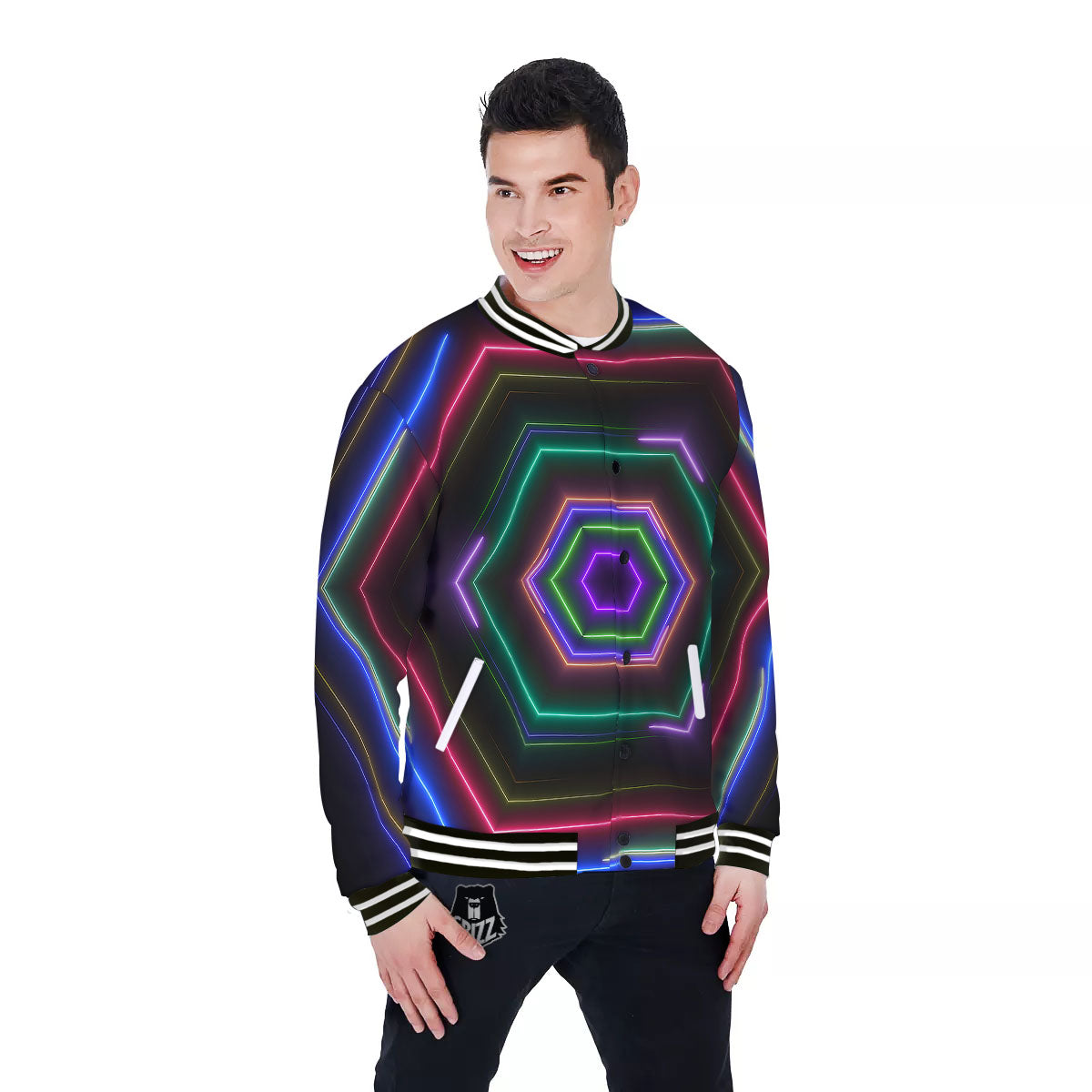 EDM Geometric Green Light Print Baseball Jacket-grizzshop