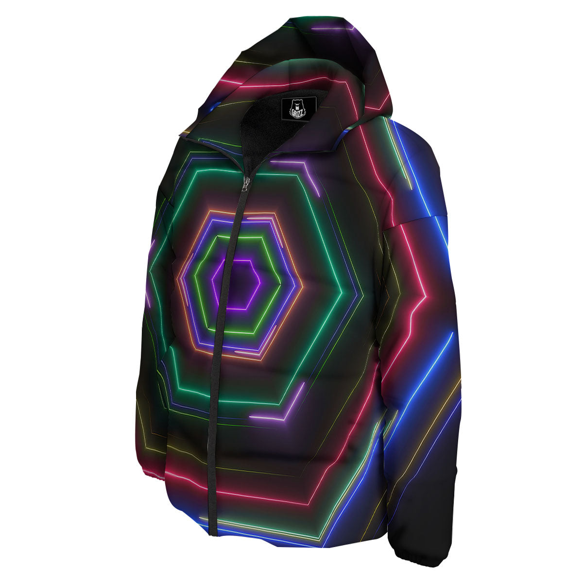 EDM Geometric Green Light Print Down Jacket-grizzshop