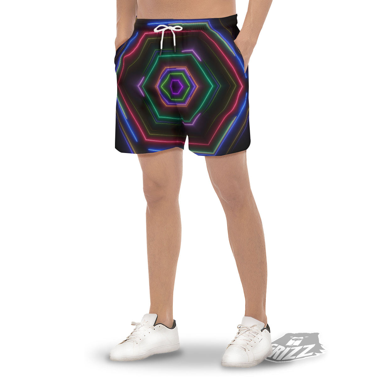 EDM Geometric Green Light Print Men's Gym Shorts-grizzshop