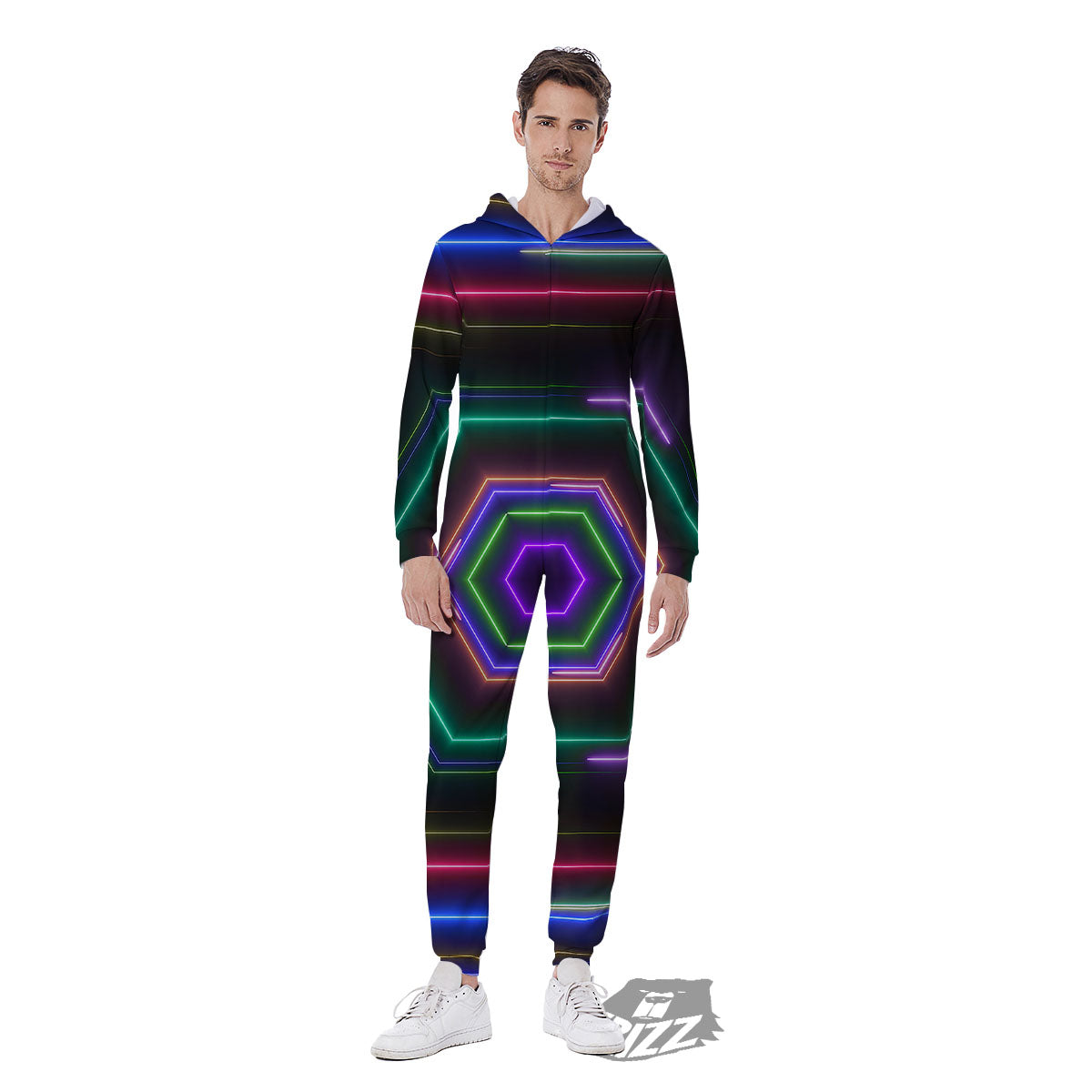 EDM Geometric Green Light Print Men's Jumpsuit-grizzshop
