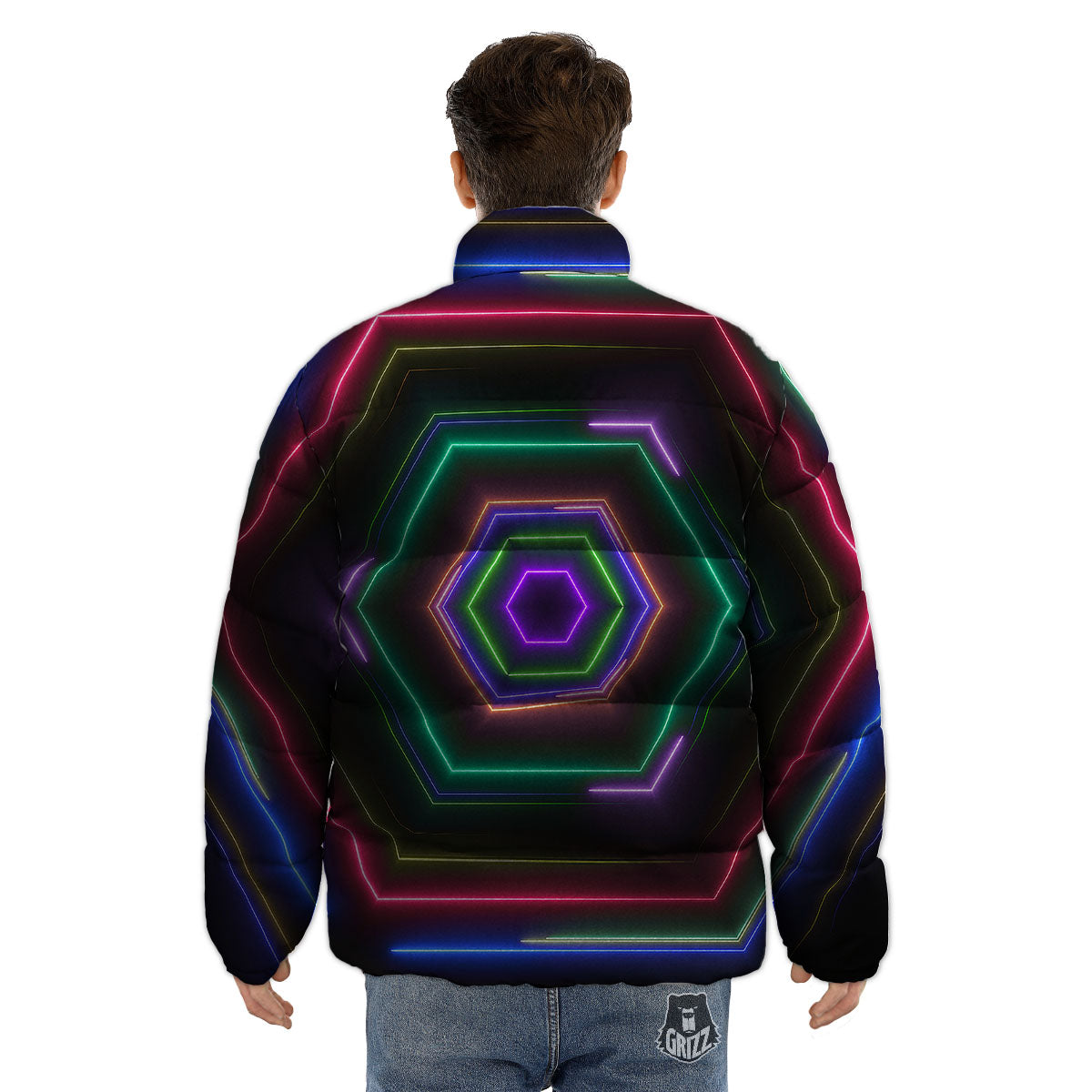 EDM Geometric Green Light Print Puffer Jacket-grizzshop