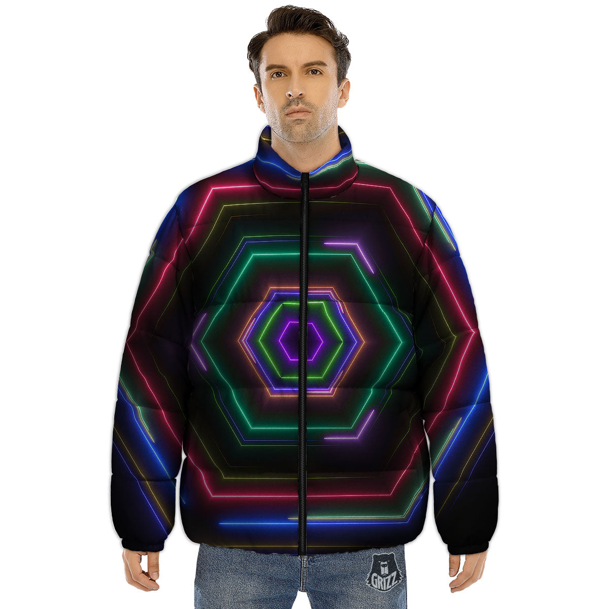 EDM Geometric Green Light Print Puffer Jacket-grizzshop