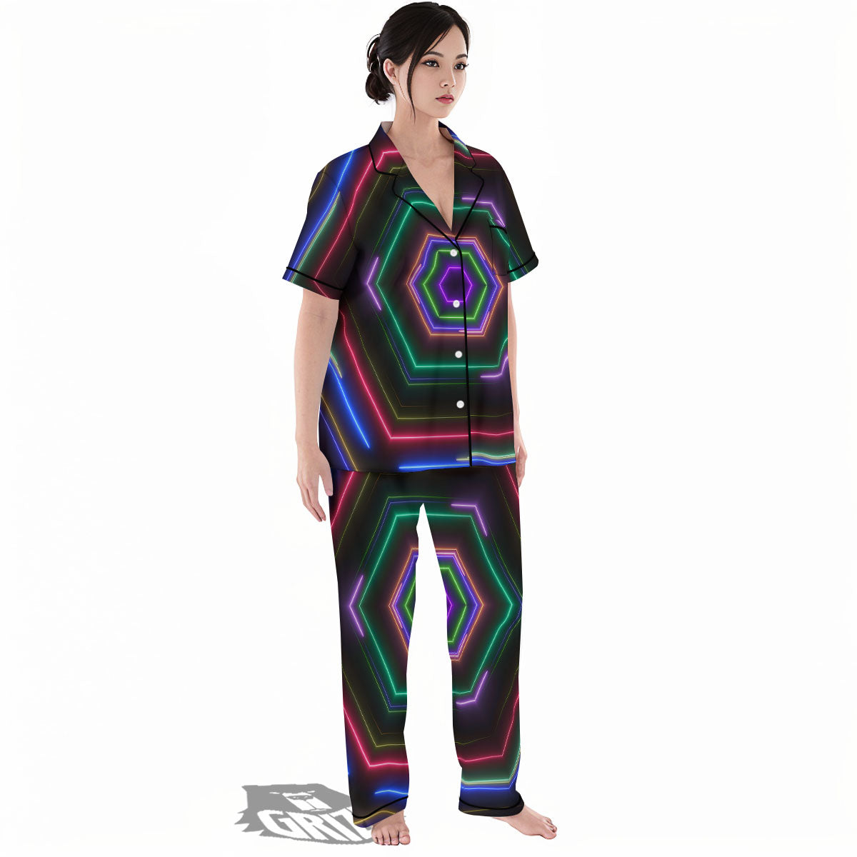 EDM Geometric Green Light Print Women's Pajamas Set-grizzshop