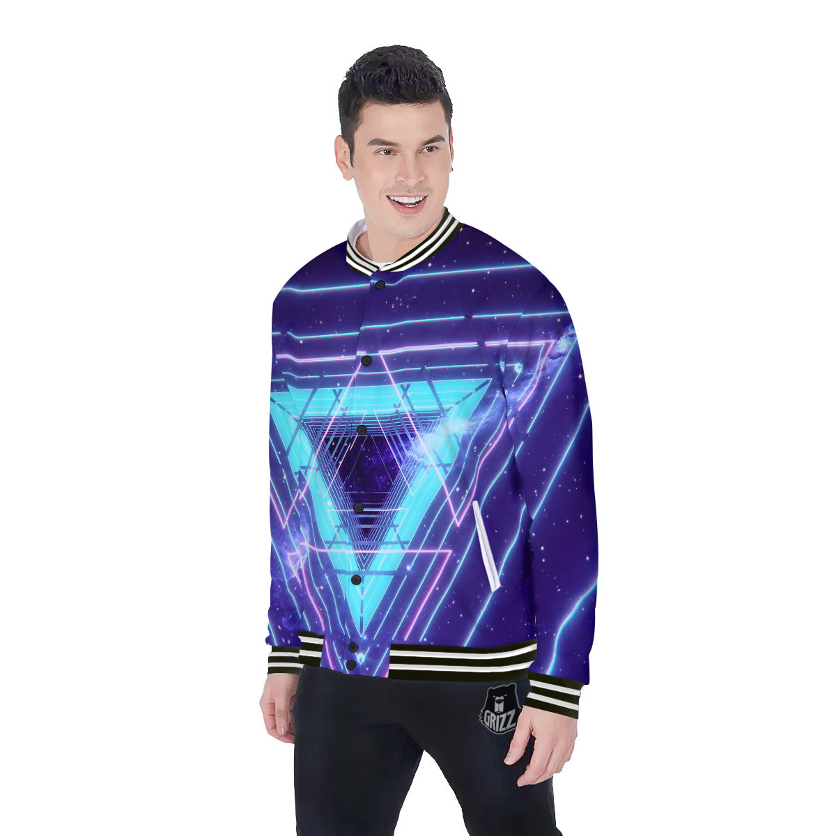 EDM Light Blue Geometric Print Baseball Jacket-grizzshop