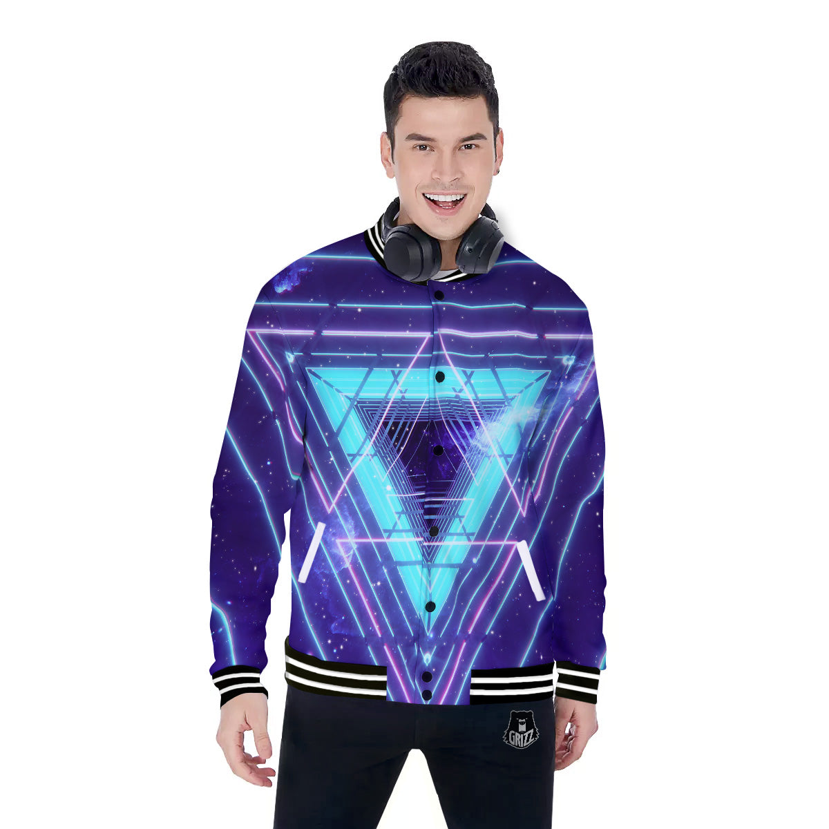 EDM Light Blue Geometric Print Baseball Jacket-grizzshop