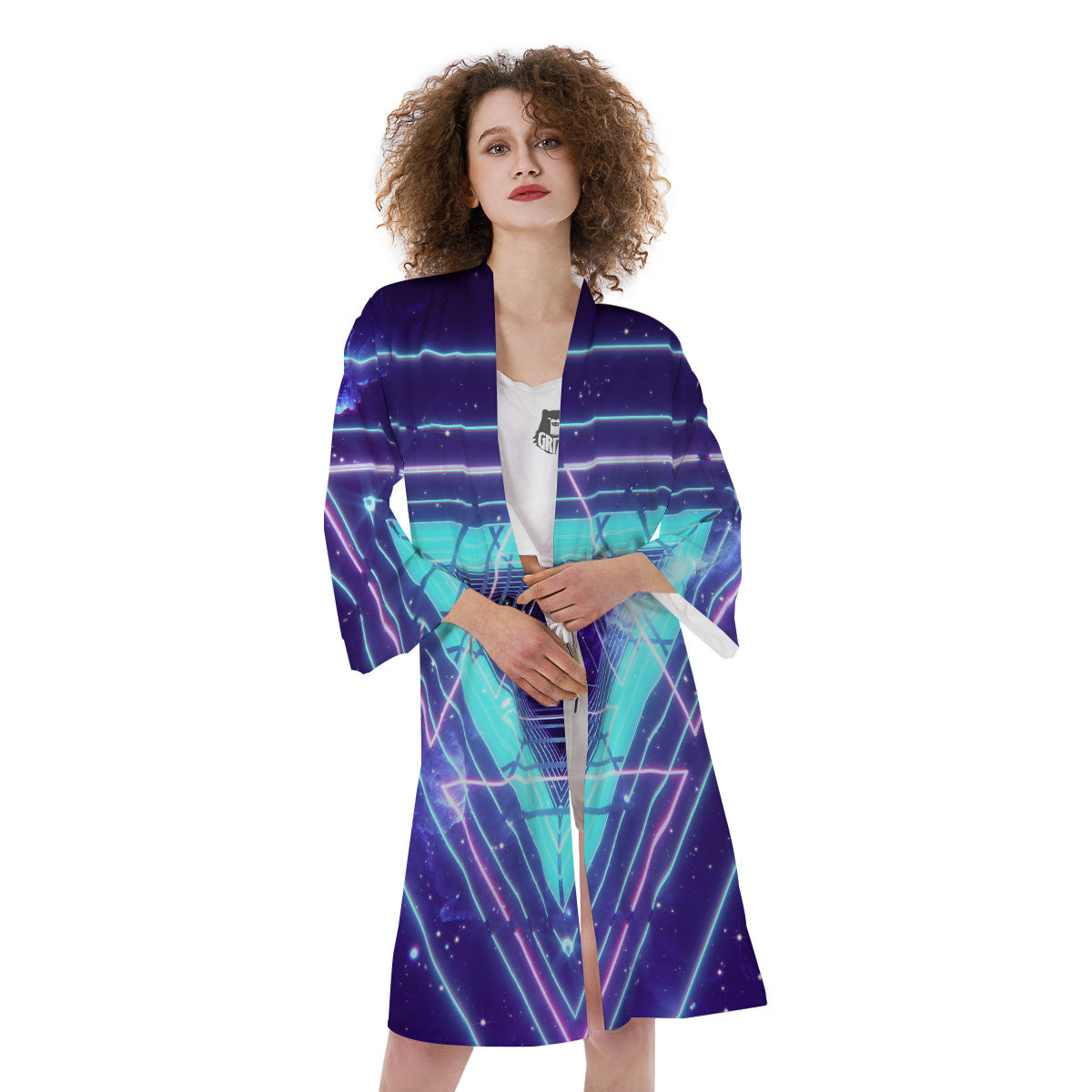 EDM Light Blue Geometric Print Kimono-grizzshop