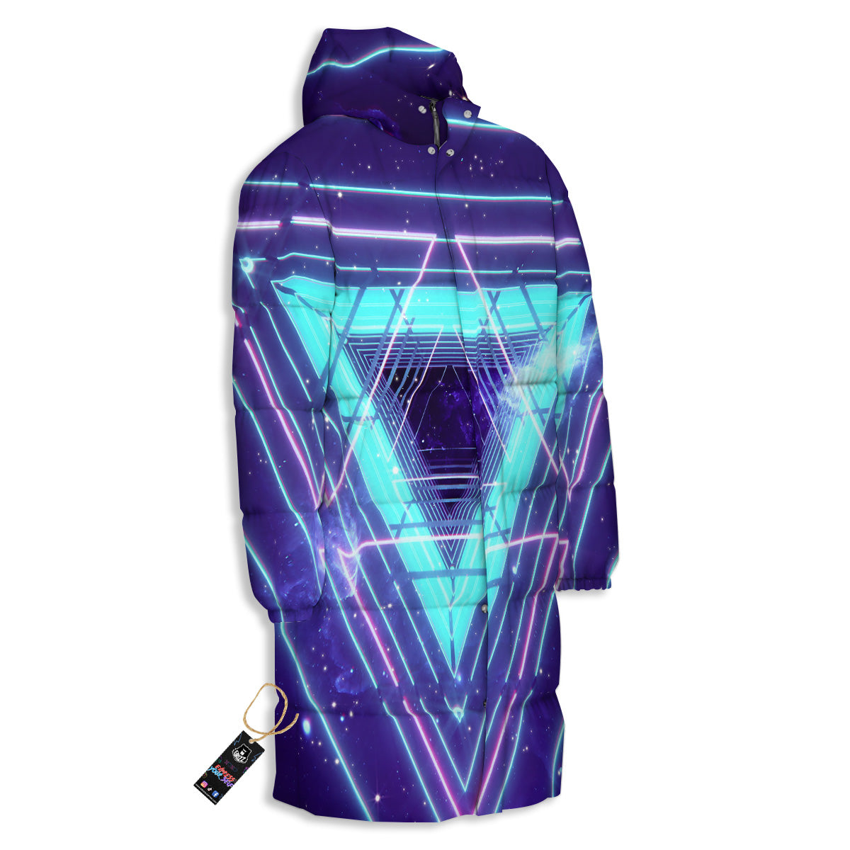 EDM Light Blue Geometric Print Long Down Jacket-grizzshop