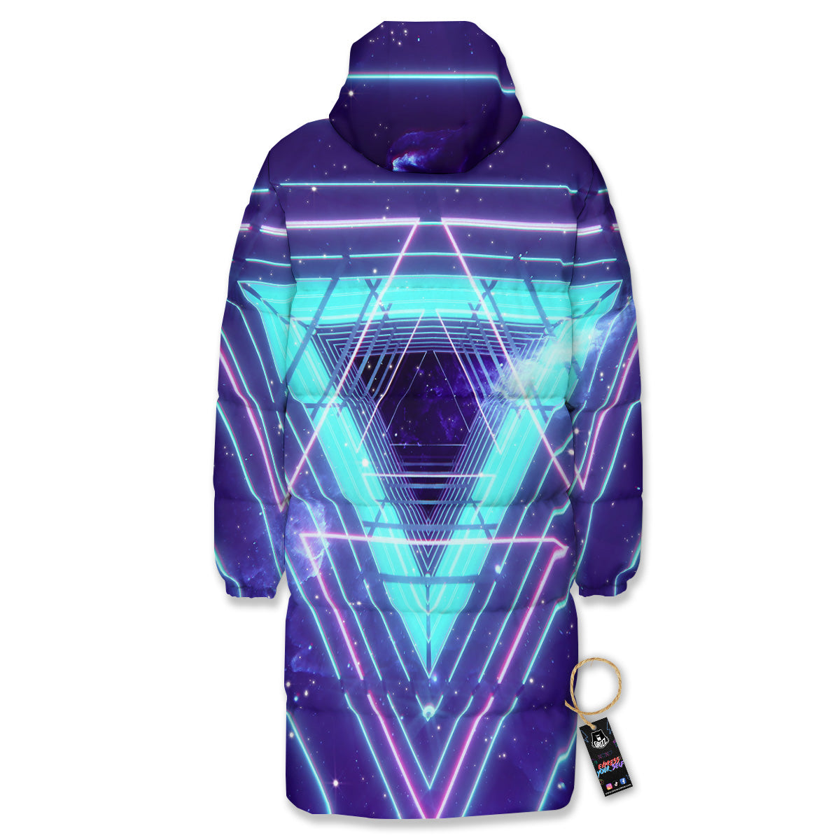 EDM Light Blue Geometric Print Long Down Jacket-grizzshop