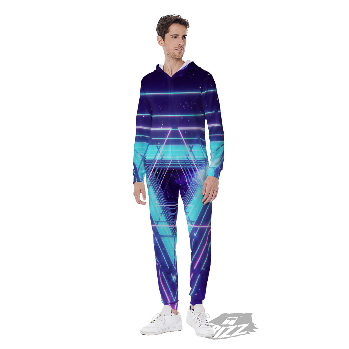 EDM Light Blue Geometric Print Men's Jumpsuit-grizzshop