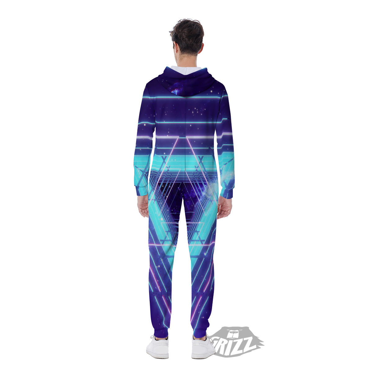 EDM Light Blue Geometric Print Men's Jumpsuit-grizzshop