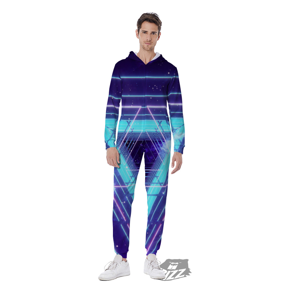 EDM Light Blue Geometric Print Men's Jumpsuit-grizzshop