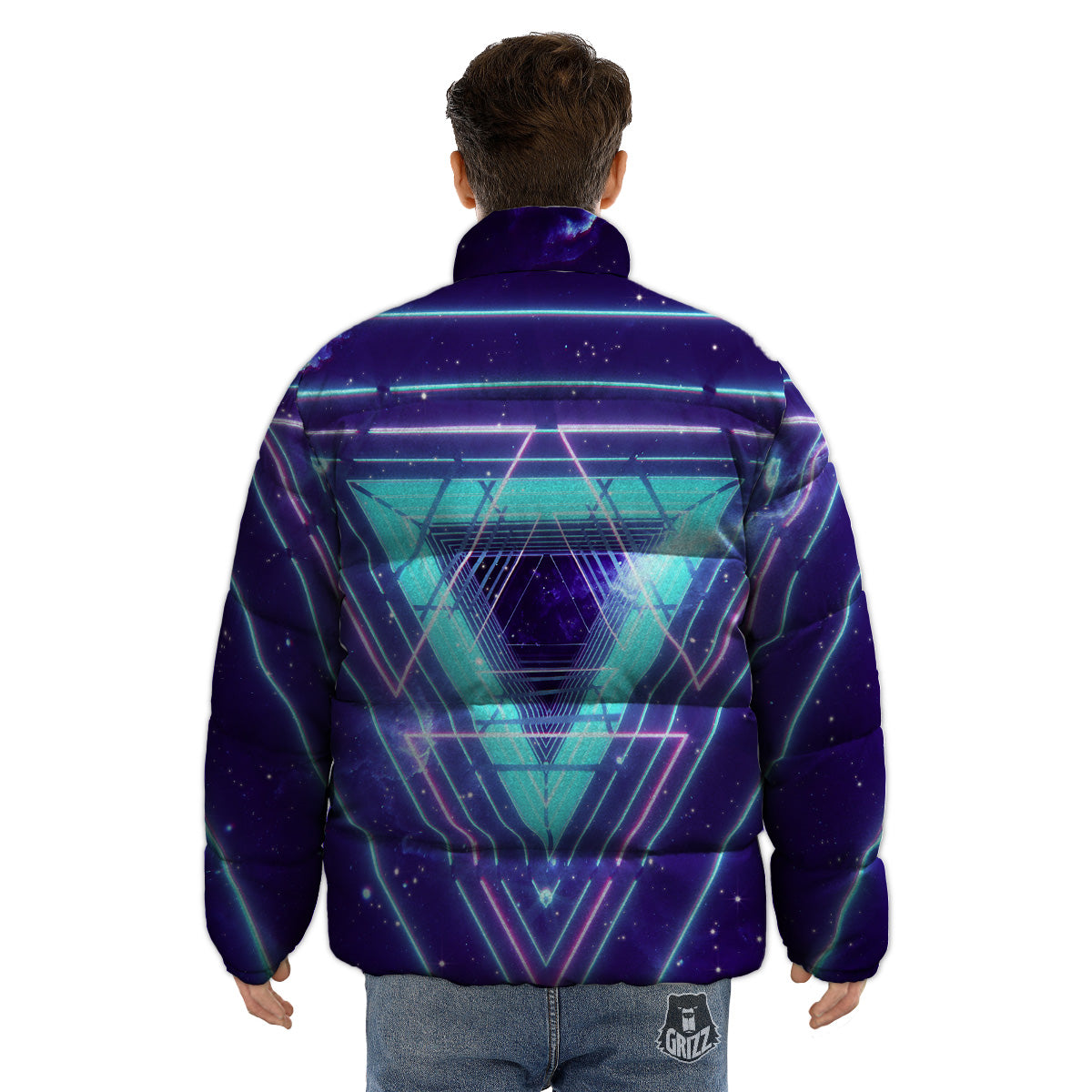 EDM Light Blue Geometric Print Puffer Jacket-grizzshop