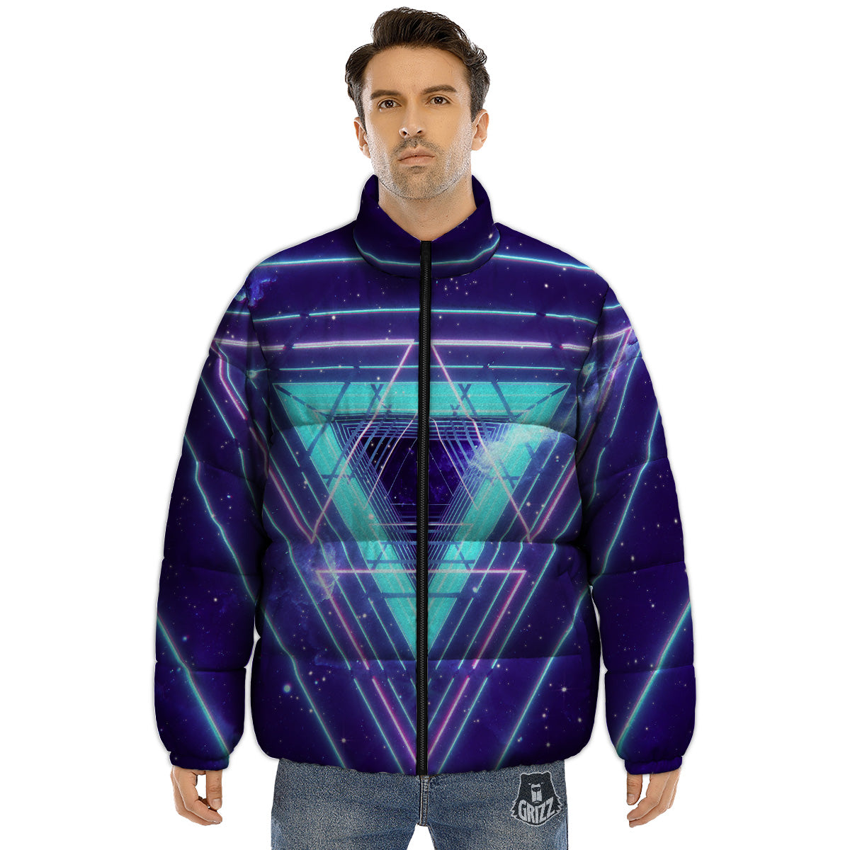 EDM Light Blue Geometric Print Puffer Jacket-grizzshop